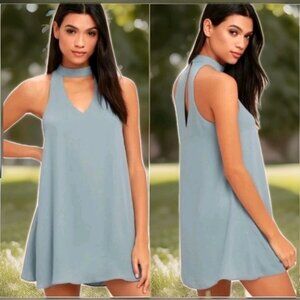 Lulus Groove Thing Slate Blue Swing Dress Small S Choker V-Neck Mini Keyhole...